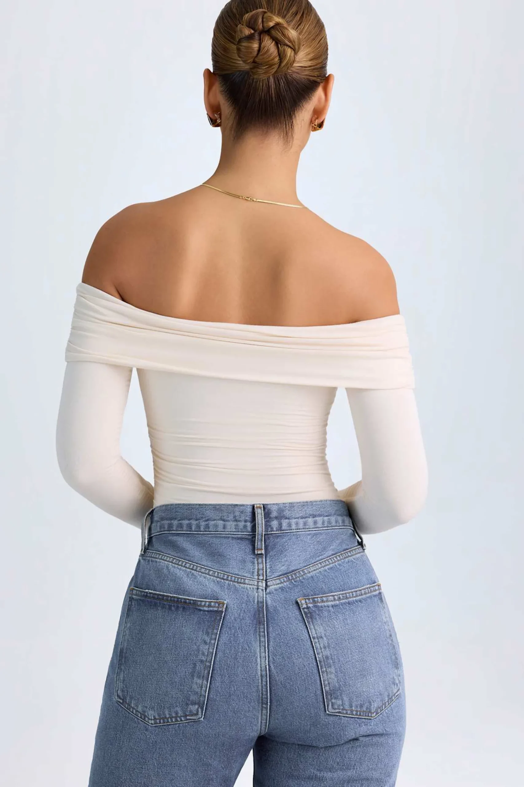 Oh Polly Tops^Modal Off-Shoulder Ruched Bodysuit in Ivory