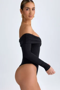 Oh Polly Tops^Modal Off-Shoulder Ruched Bodysuit in Black