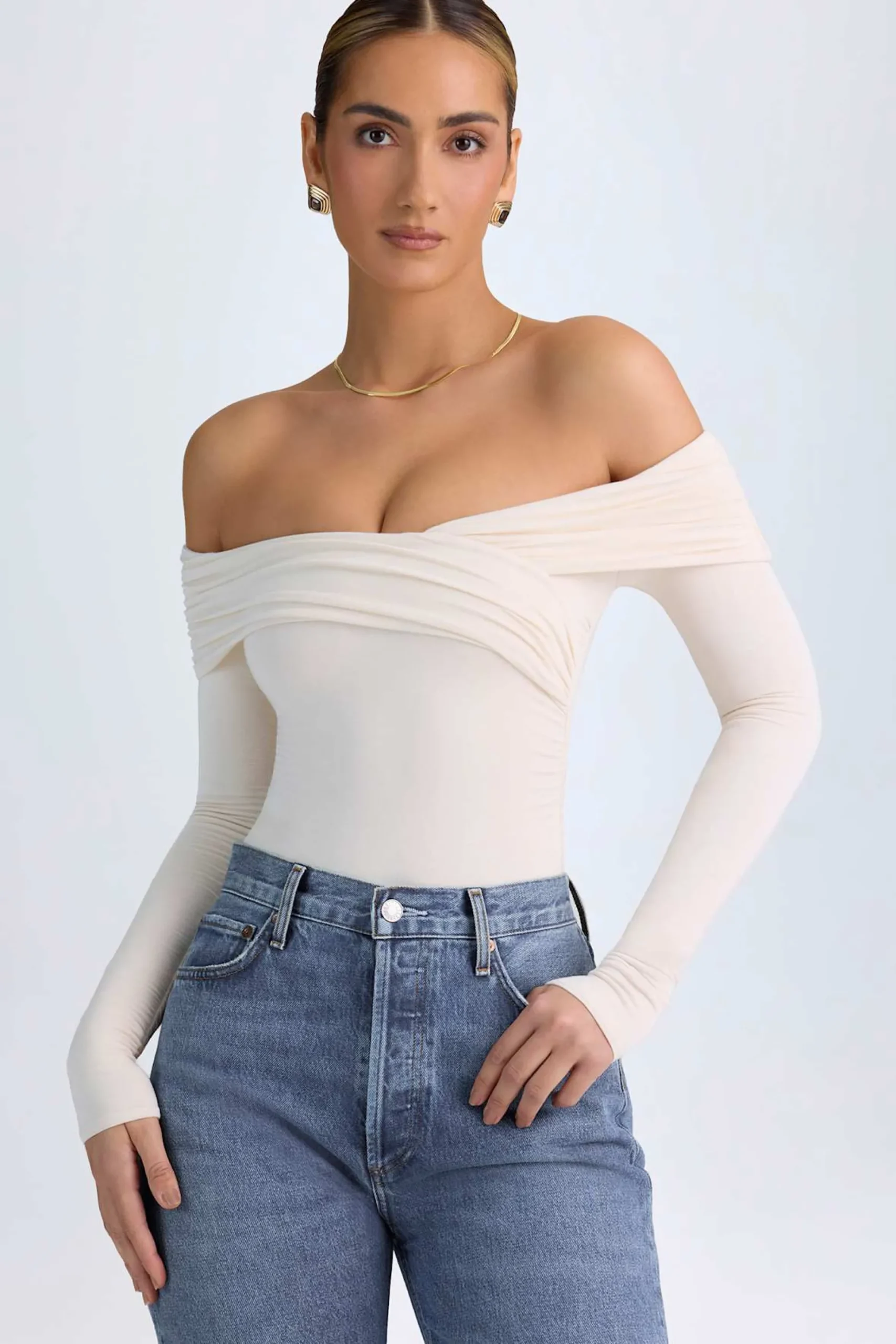 Oh Polly Tops^Modal Off-Shoulder Ruched Bodysuit in Ivory