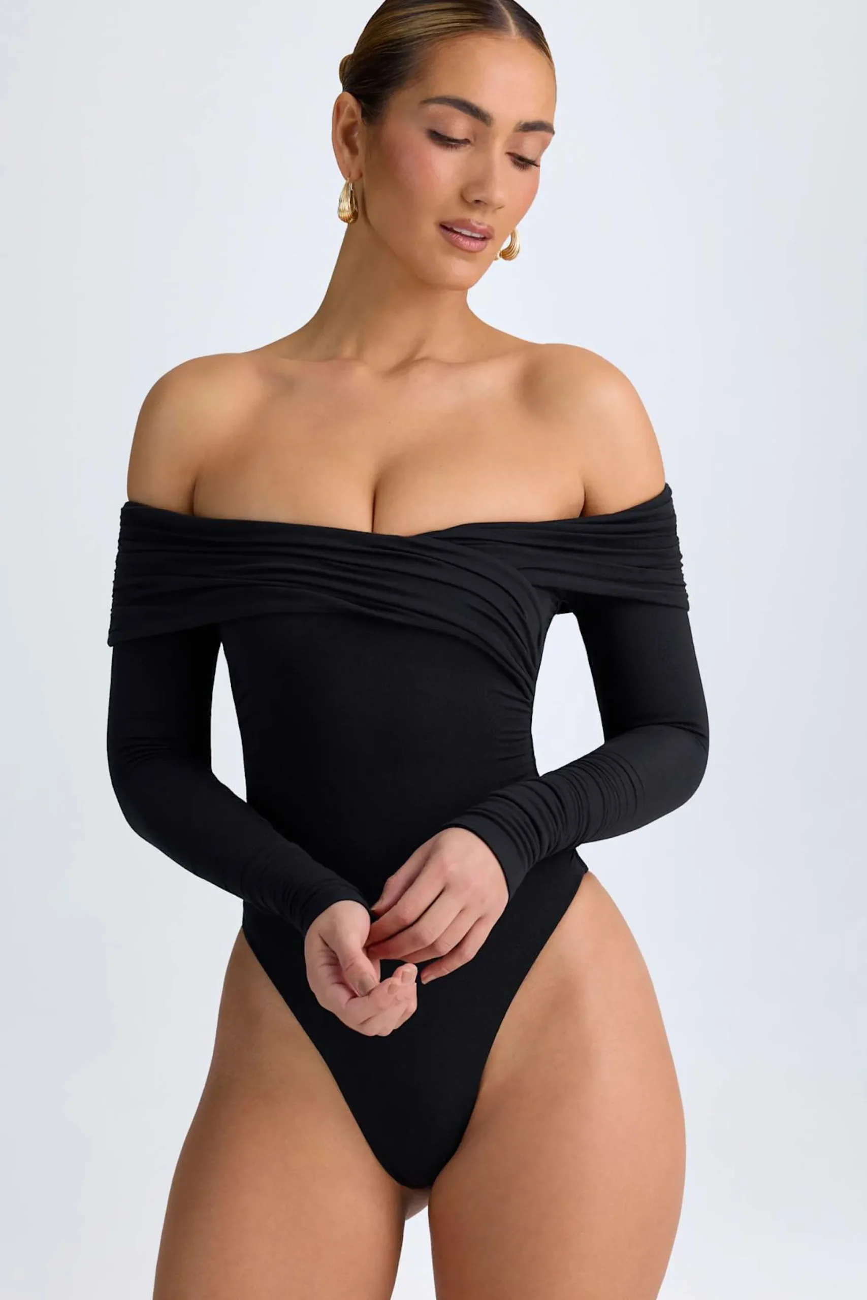 Oh Polly Tops^Modal Off-Shoulder Ruched Bodysuit in Black