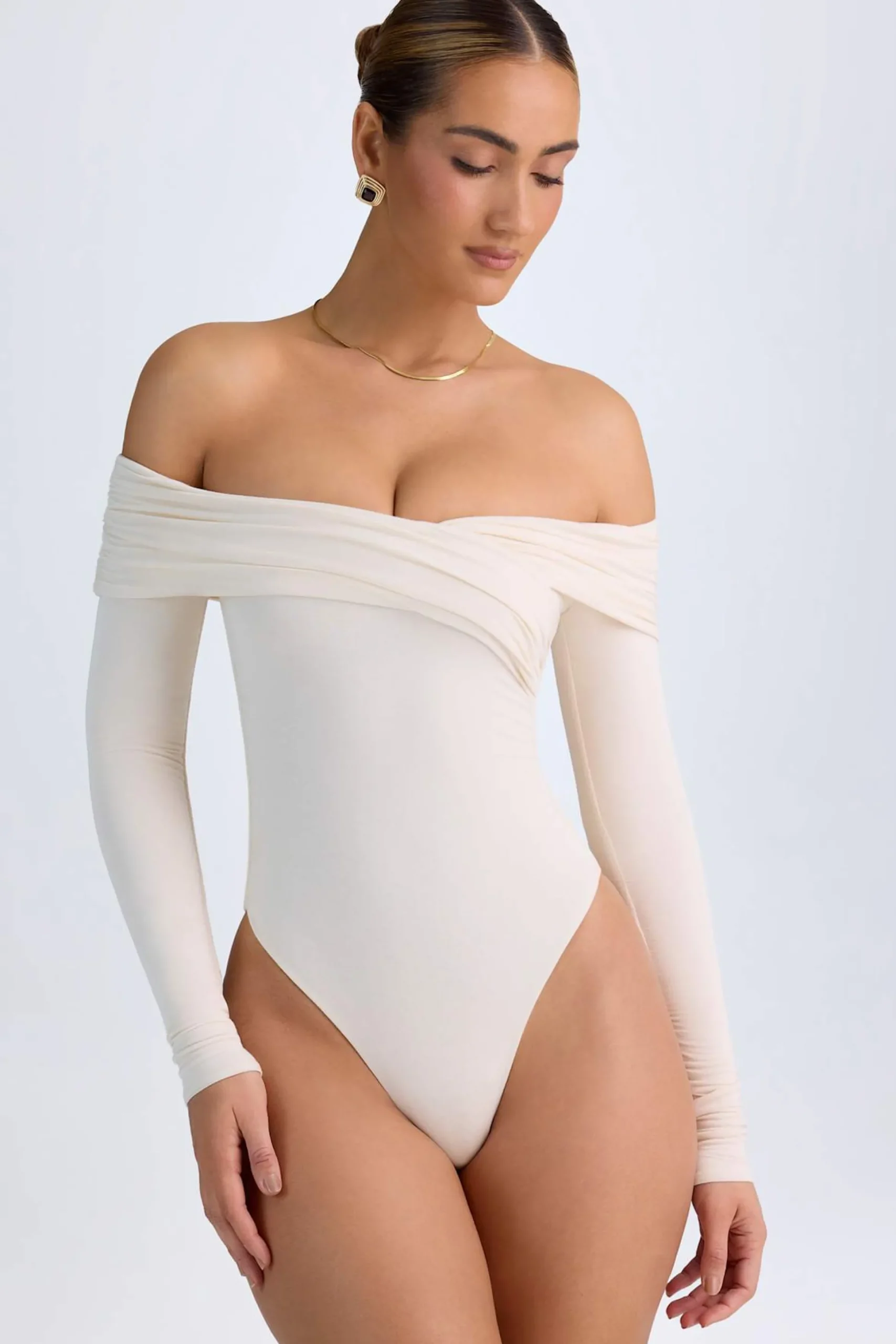 Oh Polly Tops^Modal Off-Shoulder Ruched Bodysuit in Ivory