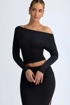 Oh Polly Tops^Modal One-Shoulder Ruched Top in Black