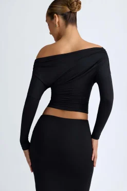 Oh Polly Tops^Modal One-Shoulder Ruched Top in Black