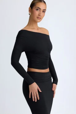 Oh Polly Tops^Modal One-Shoulder Ruched Top in Black