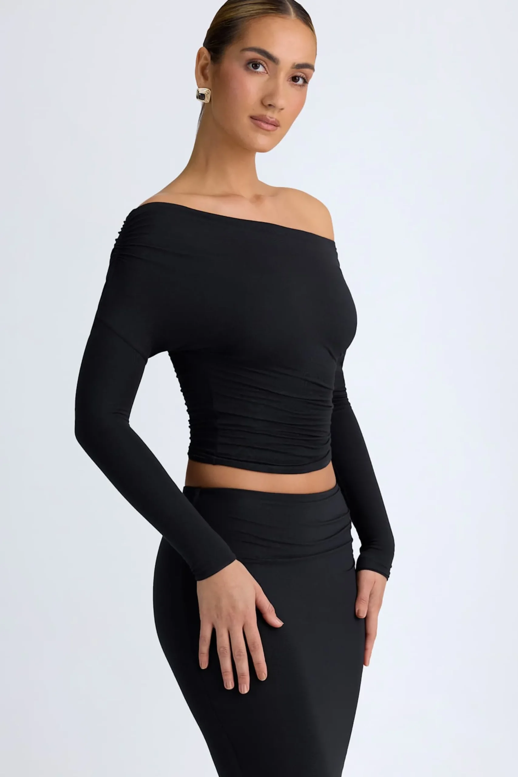 Oh Polly Tops^Modal One-Shoulder Ruched Top in Black