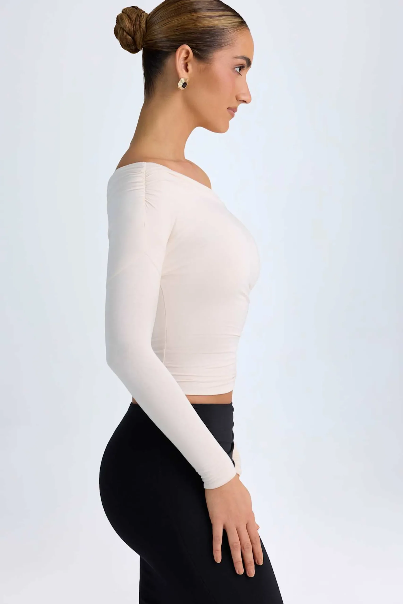 Oh Polly Tops^Modal One-Shoulder Ruched Top in Ivory