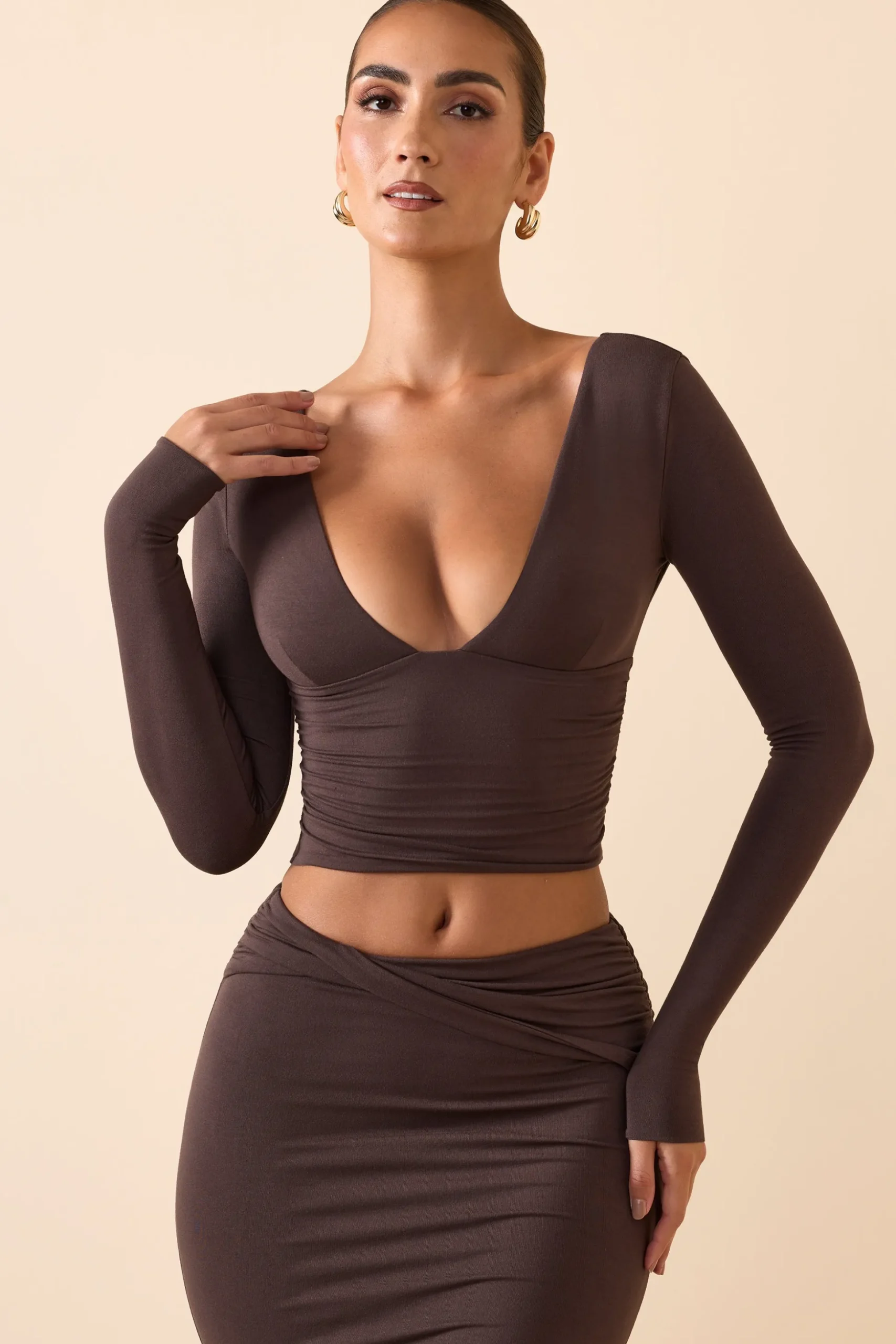Oh Polly Co-Ords | Tops^Modal Plunge Long-Sleeve Top in Chocolate Brown ChocolateBrown