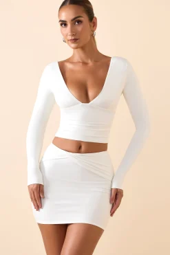 Oh Polly Tops^Modal Plunge Long-Sleeve Top in White