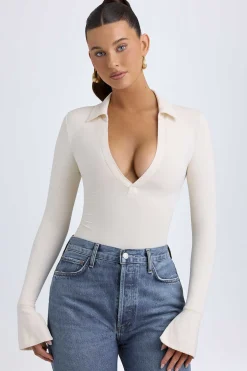 Oh Polly Tops^Modal Plunge V-Neck Bodysuit in Ivory