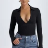 Oh Polly Tops^Modal Plunge V-Neck Bodysuit in Black