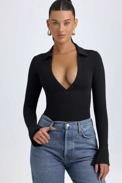 Oh Polly Tops^Modal Plunge V-Neck Bodysuit in Black