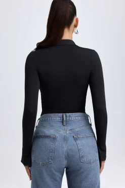Oh Polly Tops^Modal Plunge V-Neck Bodysuit in Black