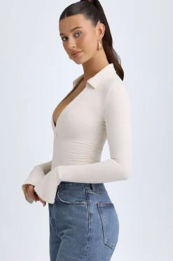Oh Polly Tops^Modal Plunge V-Neck Bodysuit in Ivory