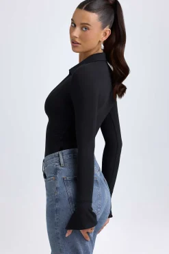Oh Polly Tops^Modal Plunge V-Neck Bodysuit in Black