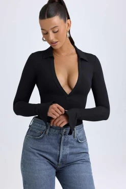Oh Polly Tops^Modal Plunge V-Neck Bodysuit in Black