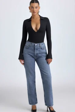 Oh Polly Tops^Modal Plunge V-Neck Bodysuit in Black
