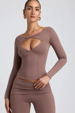 Oh Polly Co-Ords | Tops^Modal Twist-Front Long-Sleeve Crop Top in Taupe