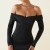 Oh Polly Fall Outfits^Off-Shoulder Ruched Bodycon Mini Dress in Black
