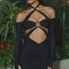 Oh Polly Night Out | Mesh Dresses^Off-Shoulder Ruched Cut-Out Mini Dress in Black