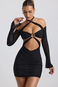 Oh Polly Night Out | Mesh Dresses^Off-Shoulder Ruched Cut-Out Mini Dress in Black
