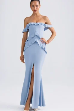 Oh Polly Wedding Guest | Georgette And Chiffon^Off-Shoulder Ruffle-Trim Gown in Light Blue LightBlue