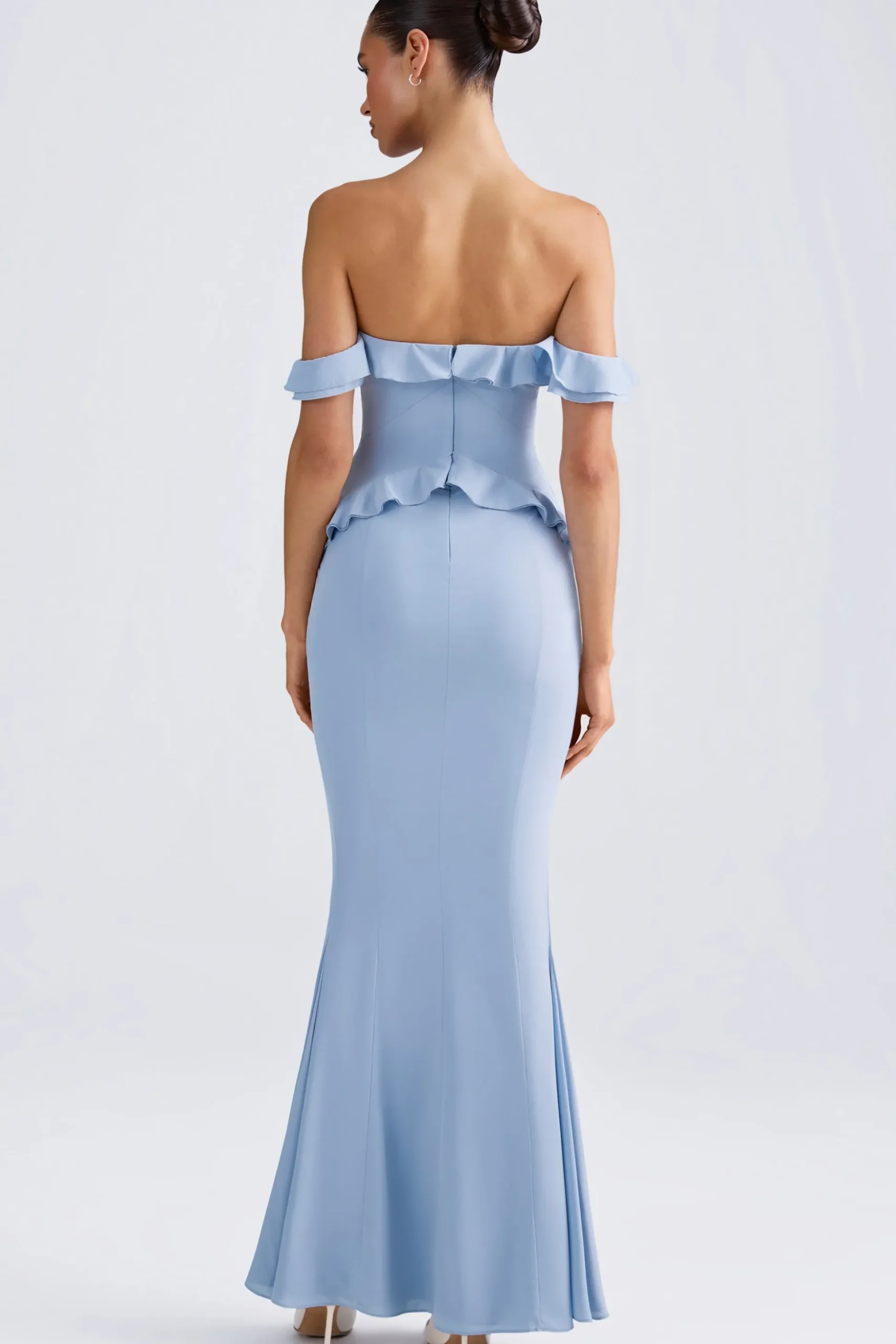 Oh Polly Wedding Guest | Georgette And Chiffon^Off-Shoulder Ruffle-Trim Gown in Light Blue LightBlue