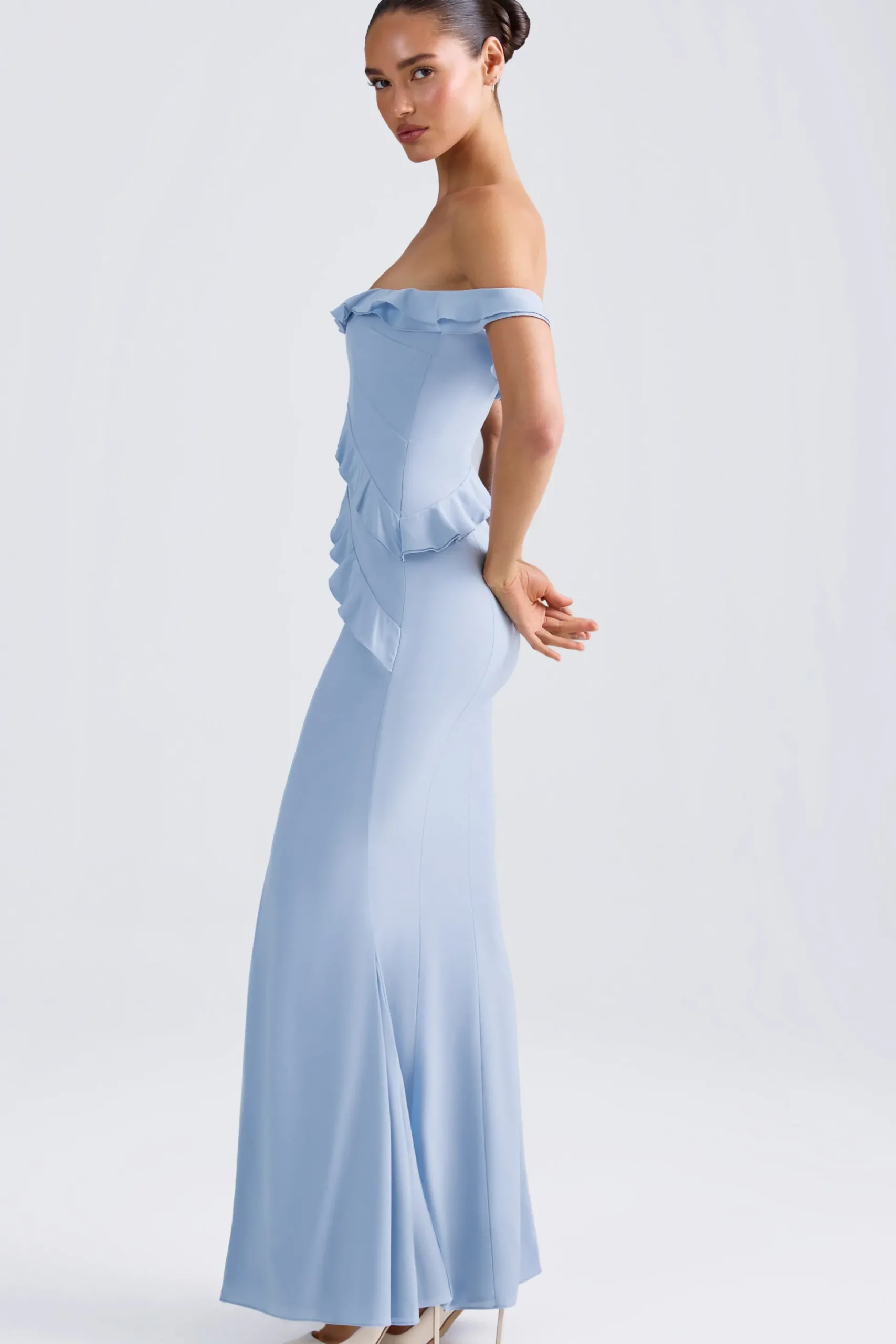 Oh Polly Wedding Guest | Georgette And Chiffon^Off-Shoulder Ruffle-Trim Gown in Light Blue LightBlue