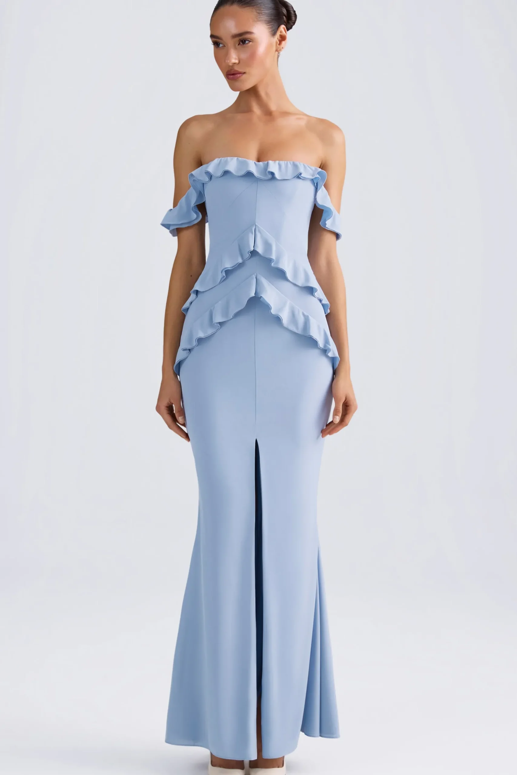 Oh Polly Wedding Guest | Georgette And Chiffon^Off-Shoulder Ruffle-Trim Gown in Light Blue LightBlue