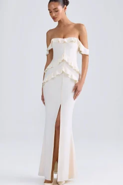 Oh Polly Bride To Be | Georgette And Chiffon^Off-Shoulder Ruffle-Trim Gown in Ivory