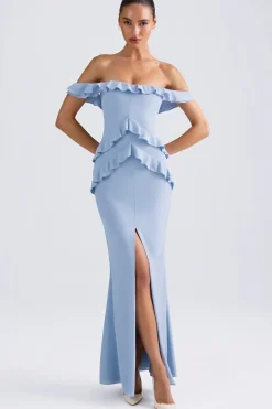 Oh Polly Wedding Guest | Georgette And Chiffon^Off-Shoulder Ruffle-Trim Gown in Light Blue LightBlue