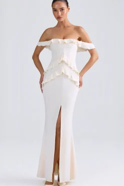 Oh Polly Bride To Be | Georgette And Chiffon^Off-Shoulder Ruffle-Trim Gown in Ivory