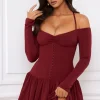 Oh Polly Holiday Party Dresses & Outfits^Off-Shoulder Tiered Corset Mini Dress in Berry Red BerryRed
