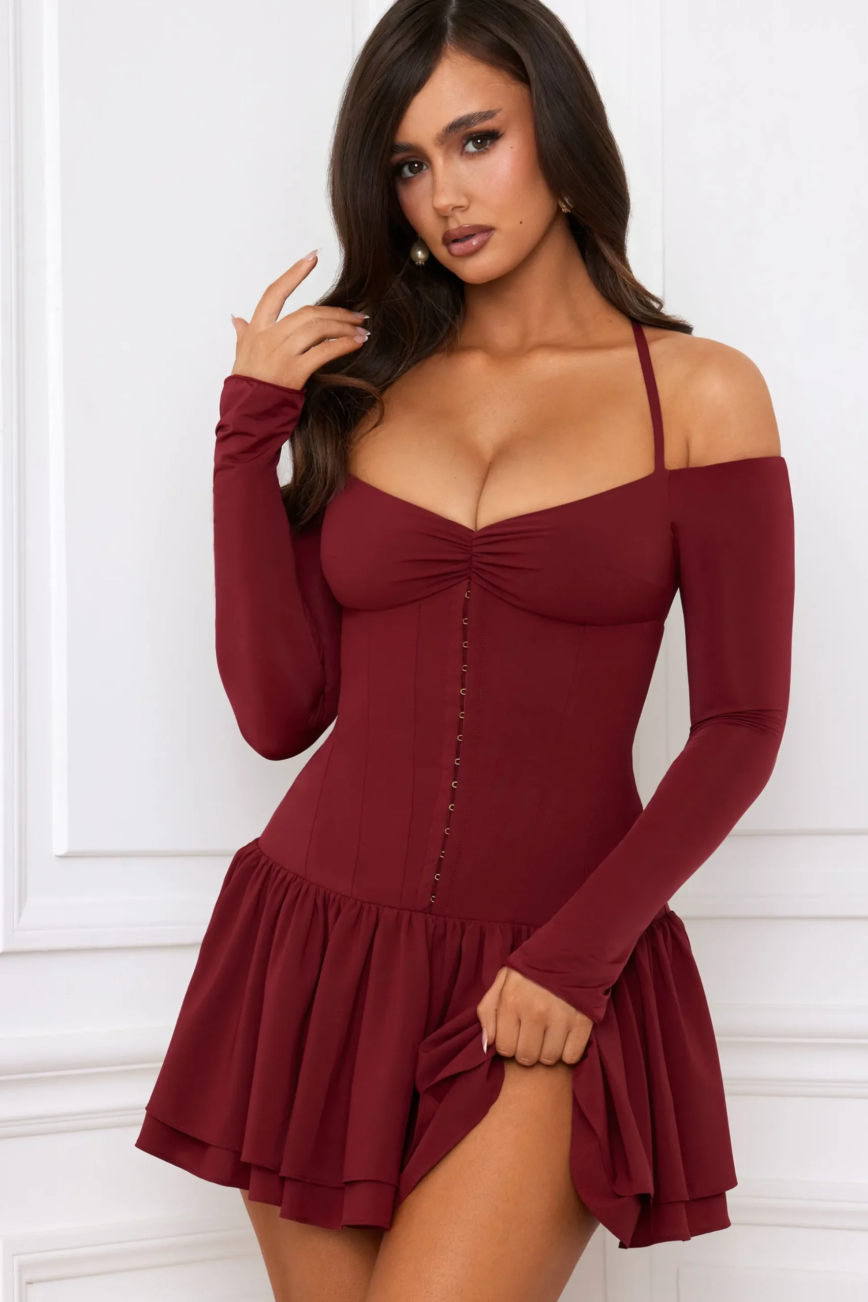 Oh Polly Holiday Party Dresses & Outfits^Off-Shoulder Tiered Corset Mini Dress in Berry Red BerryRed
