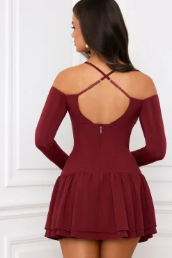 Oh Polly Holiday Party Dresses & Outfits^Off-Shoulder Tiered Corset Mini Dress in Berry Red BerryRed