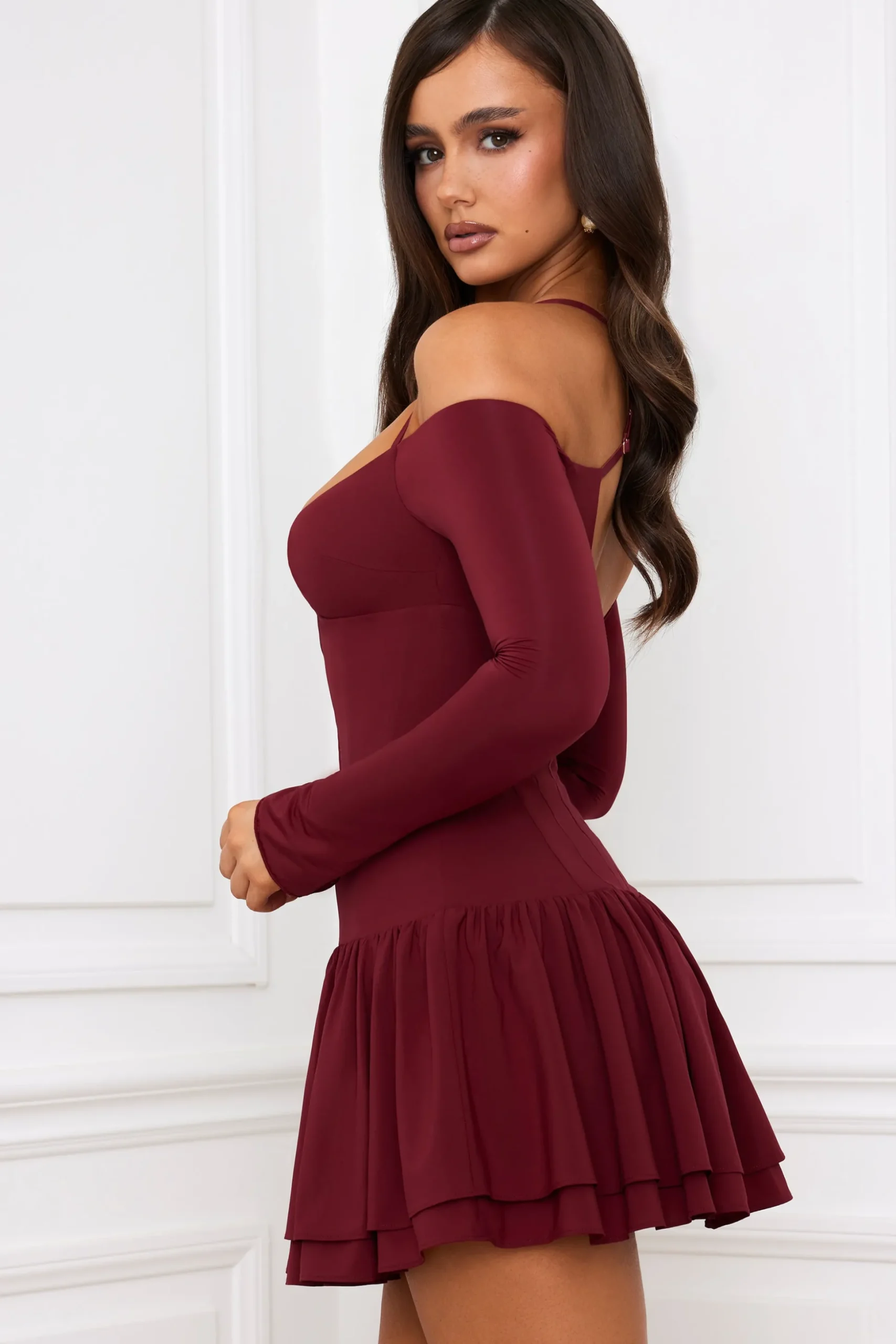 Oh Polly Holiday Party Dresses & Outfits^Off-Shoulder Tiered Corset Mini Dress in Berry Red BerryRed