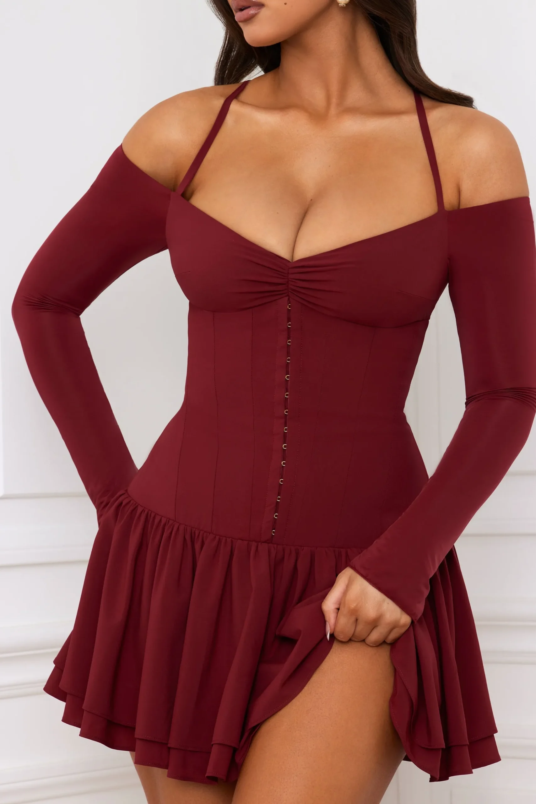 Oh Polly Holiday Party Dresses & Outfits^Off-Shoulder Tiered Corset Mini Dress in Berry Red BerryRed