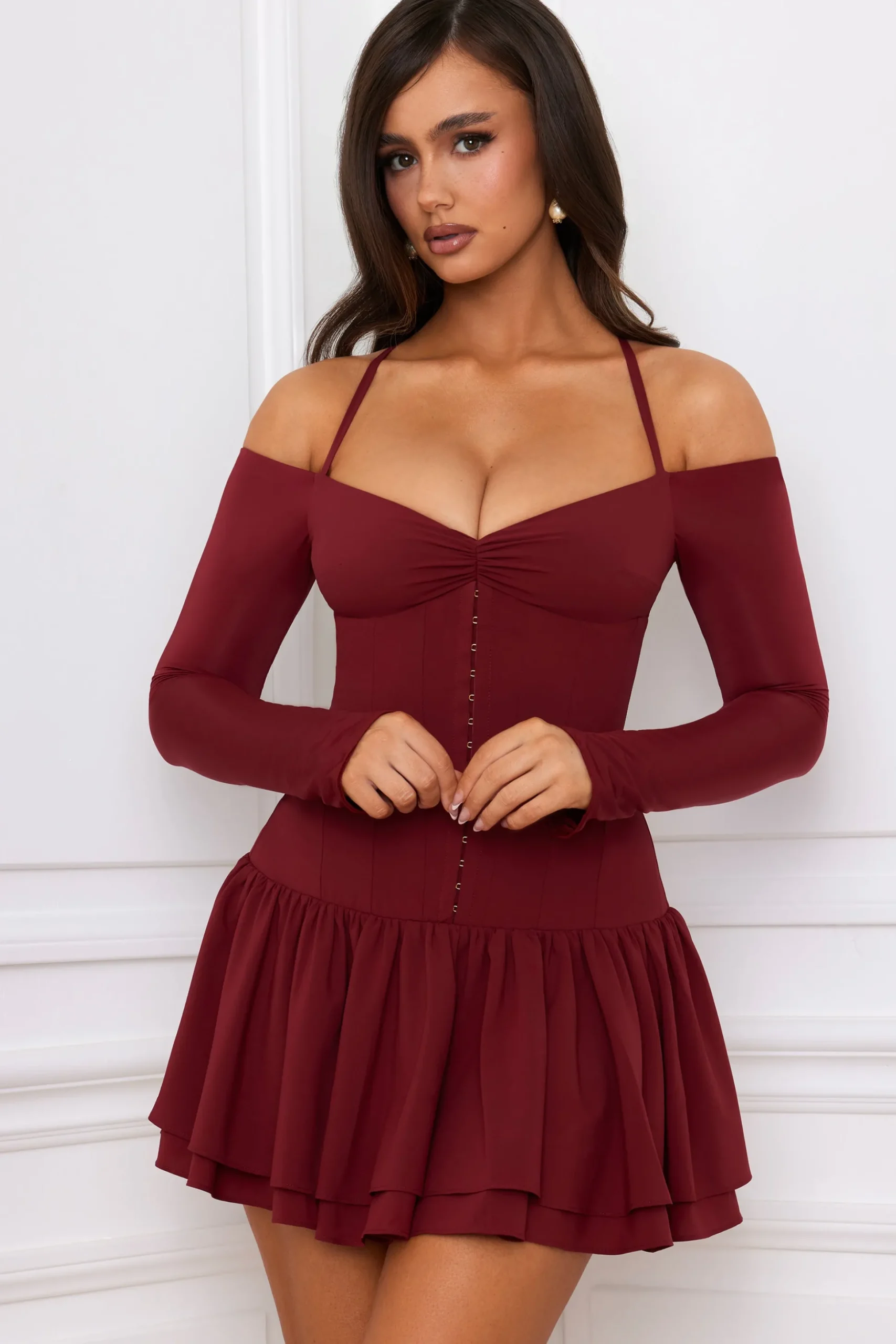 Oh Polly Holiday Party Dresses & Outfits^Off-Shoulder Tiered Corset Mini Dress in Berry Red BerryRed
