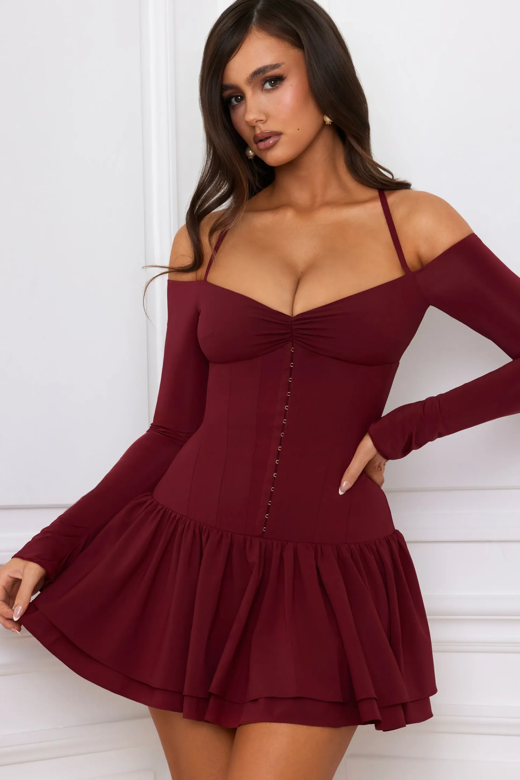 Oh Polly Holiday Party Dresses & Outfits^Off-Shoulder Tiered Corset Mini Dress in Berry Red BerryRed