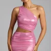 Oh Polly Party Dresses | Birthday^One Shoulder Metallic Jersey Mini Dress in Rose Pink RosePink