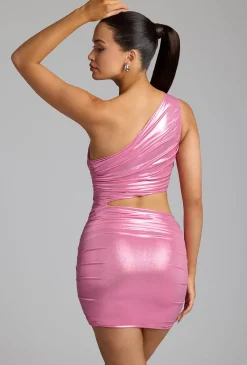 Oh Polly Party Dresses | Birthday^One Shoulder Metallic Jersey Mini Dress in Rose Pink RosePink