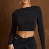Oh Polly Co-Ords | Tops^Open-Back Draped Crop Top in Black