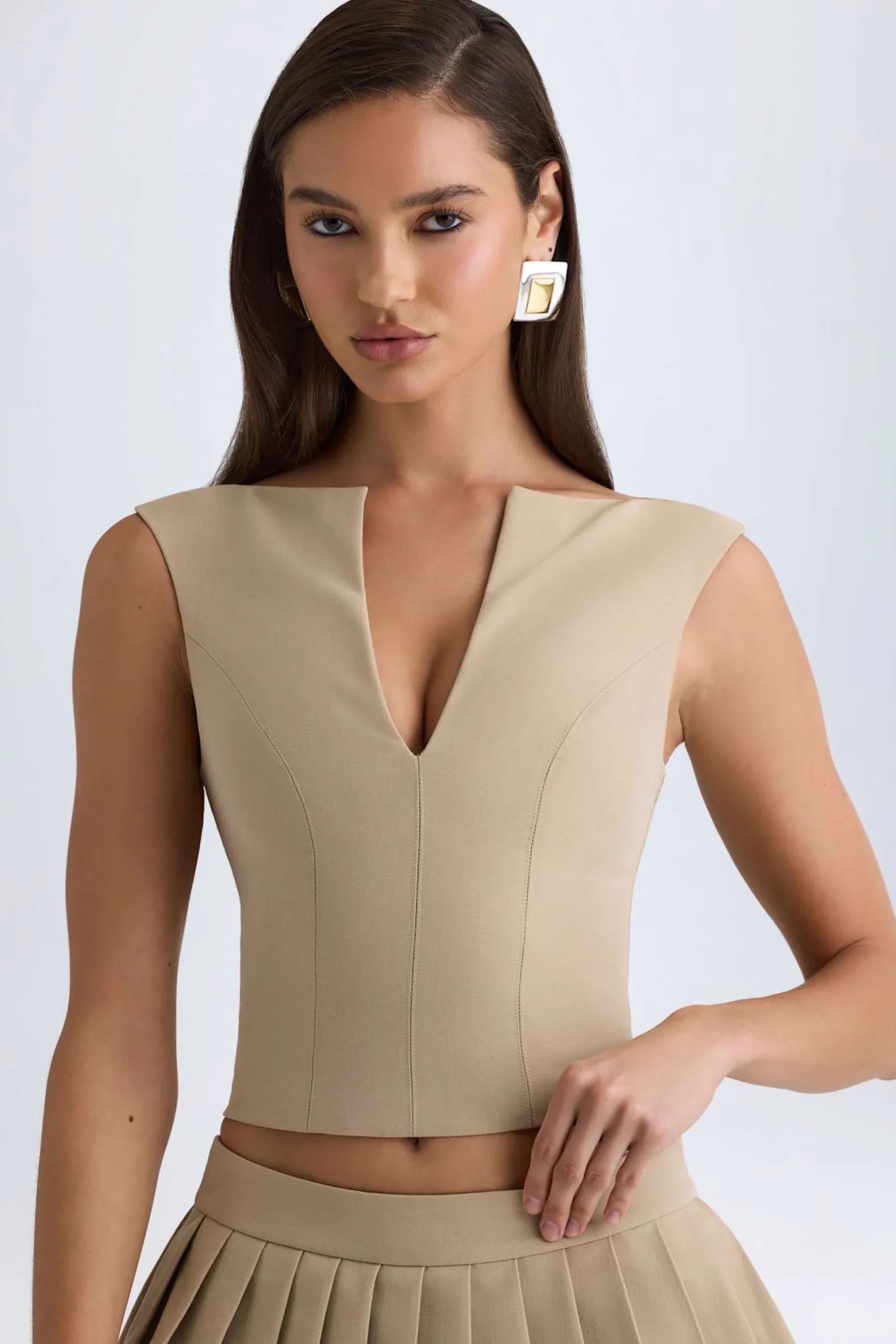 Oh Polly Co-Ords | Tops^Open-Front Crop Top in Camel