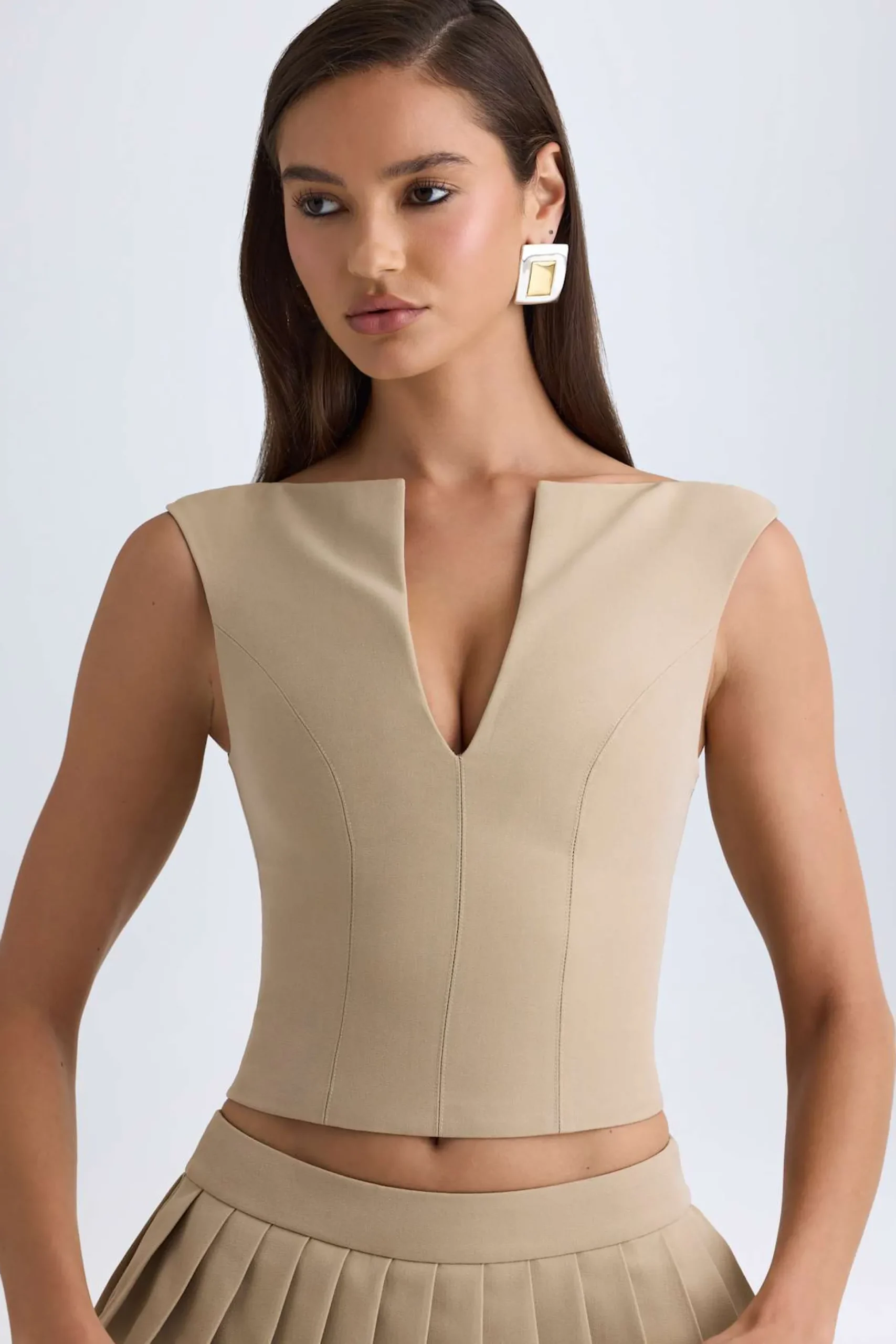 Oh Polly Co-Ords | Tops^Open-Front Crop Top in Camel