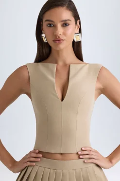 Oh Polly Co-Ords | Tops^Open-Front Crop Top in Camel