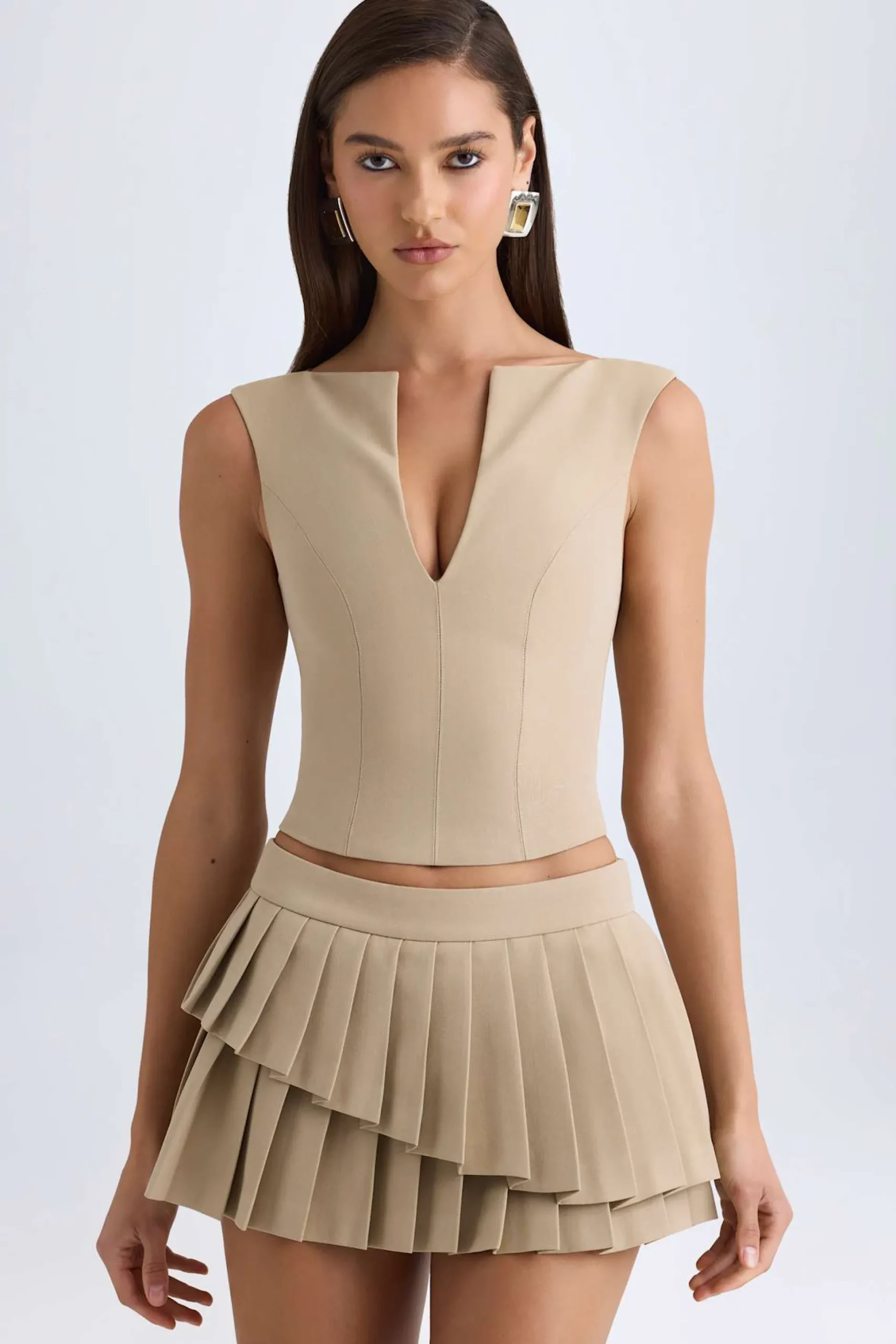 Oh Polly Co-Ords | Tops^Open-Front Crop Top in Camel