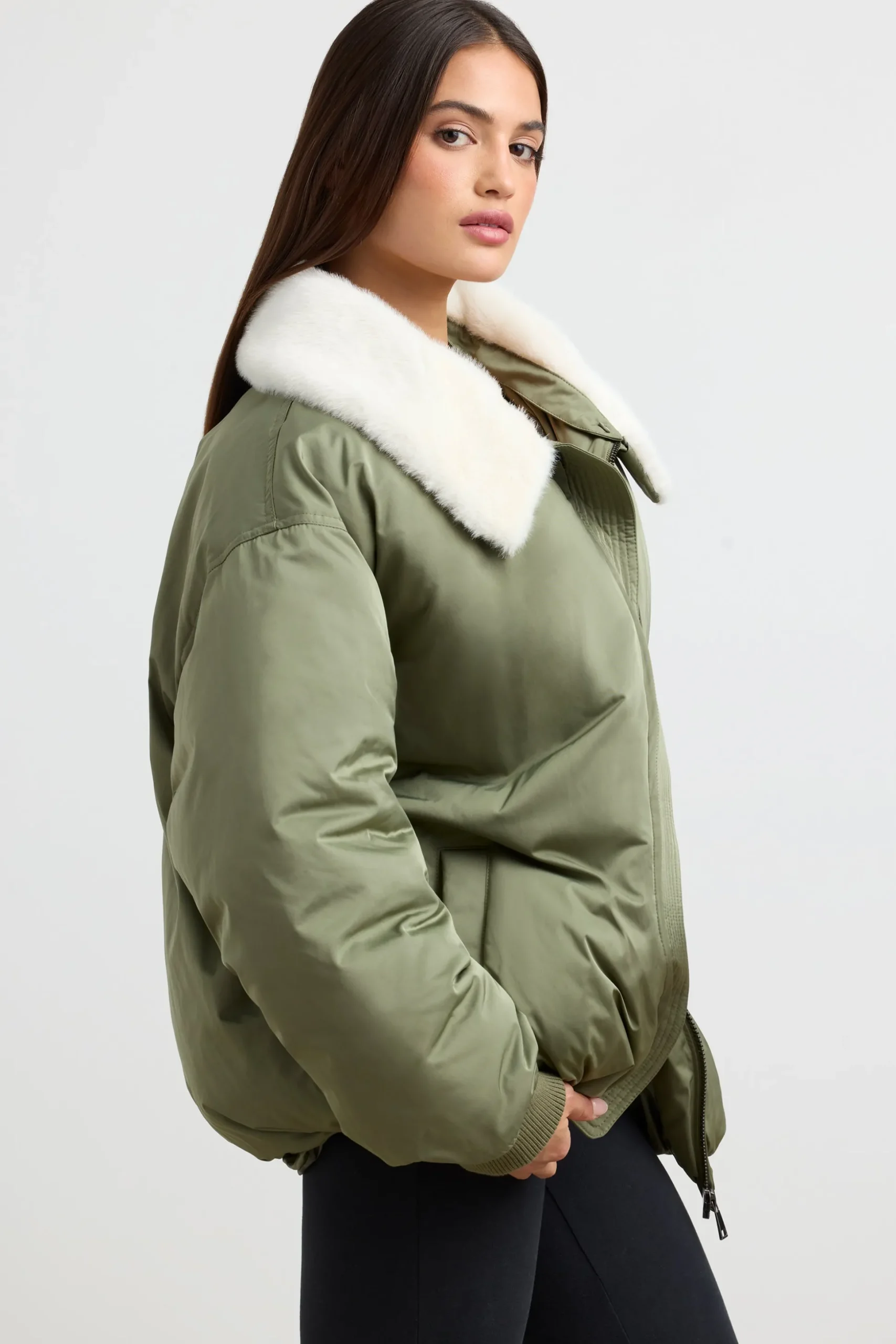 Oh Polly Coats^Oversized Bomber Jacket in Deep Olive DeepOlive