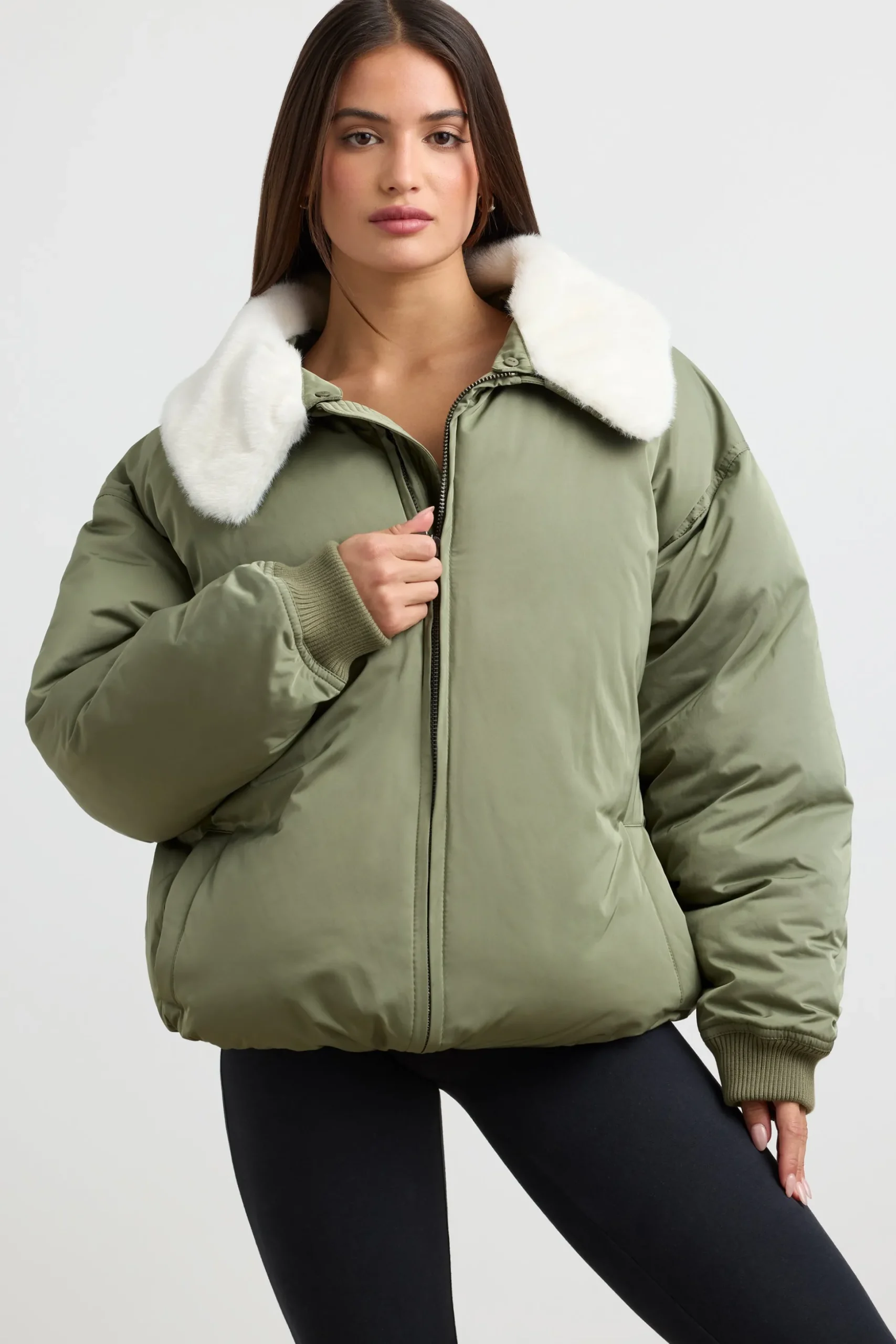 Oh Polly Coats^Oversized Bomber Jacket in Deep Olive DeepOlive