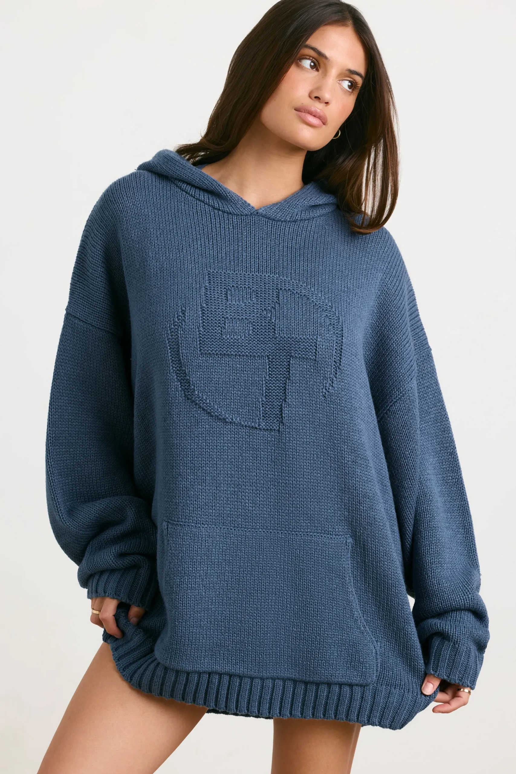 Oh Polly Knitwear | Sweatshirts^Oversized Chunky Knit Hoodie in Washed Navy WashedNavy