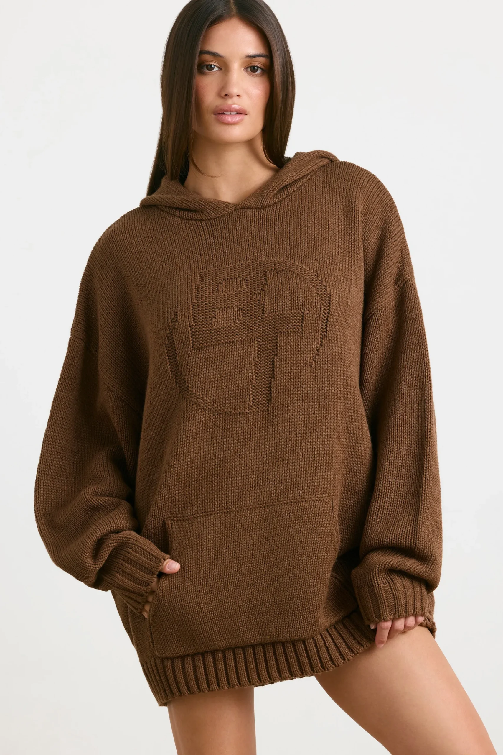 Oh Polly Knitwear | Sweatshirts^Oversized Chunky Knit Hoodie in Espresso