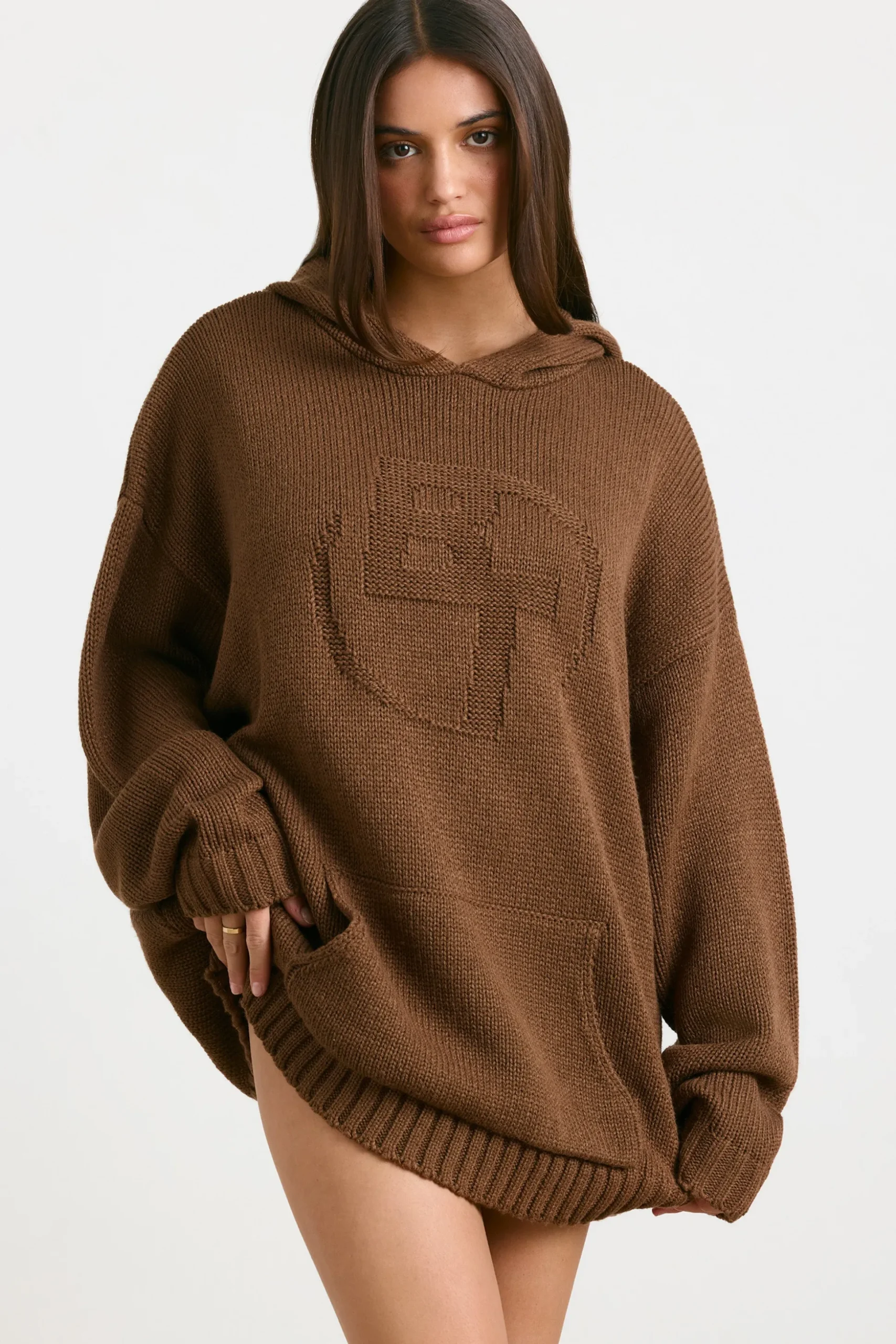 Oh Polly Knitwear | Sweatshirts^Oversized Chunky Knit Hoodie in Espresso